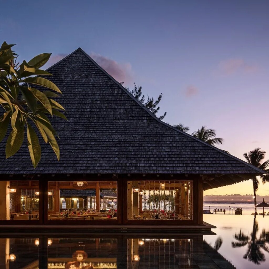 Resort restaurant at sunset beside the ocean